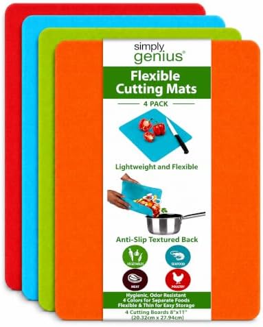 Simply Genius Plastic Cutting Boards - Flexible Color Coded Cutting Board Set - Textured Grip Odor-Resistant Dishwasher-Safe Chopping Mat - Pack of 4-8 in x 11 in - Multicolor