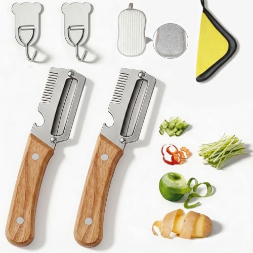 3-in-1 Vegetable Peeler for Kitchen: 2 Pack Wooden Handle Stainless Steel Scallion Shredder with Bottle Opener & Grater, Ergonomic Non-Slip Peeling Tool for Potatoes