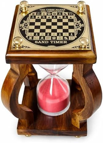 Vintage Wooden Hourglass Sand Timer with Red Sand and Brass Chessboard Top Solid Wood Frame & Brass Accents – Elegant Desk Decor for Home Office Study Living Room 6.5 inches (Design 3)