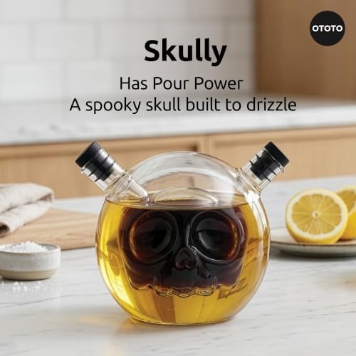 OTOTO 2-in-1 Glass Oil and Vinegar Cruet - Skull Oil Dispenser and Vinegar Bottle, Salad Dressing Dispenser, Bread Dipping, Spooky Kitchen Gifts, Unique Kitchen Gadgets (Skully-Olio)