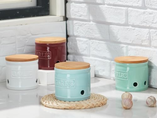ONEMORE Garlic Keeper for Counter, Garlic Holder Countertop Storage Container, Garlic Saver Keeper with Lid, Ceramic Garlic Jar for Kitchen, Mint Green