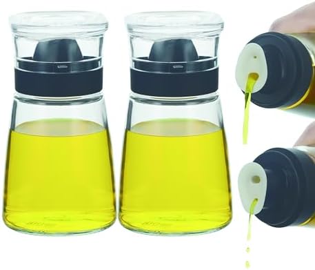 Small Glass Olive Oil and Vinegar Dispenser Bottles Set for Kitchen Cooking with Silicone Dual Pouring Spout, Soy Sauce Dispenser with Dust-proof Lid - Set of 2 (Black, 5.4 oz)