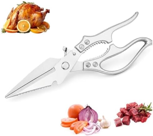 Heavy Duty Stainless Steel Kitchen Scissors-All Purpose Heavy Duty Poultry Shears for Meat,Chicken Bones and Turkey,Dishwasher Safe Sharp Japanese Cooking Shears, Gifts for Women(Silver)