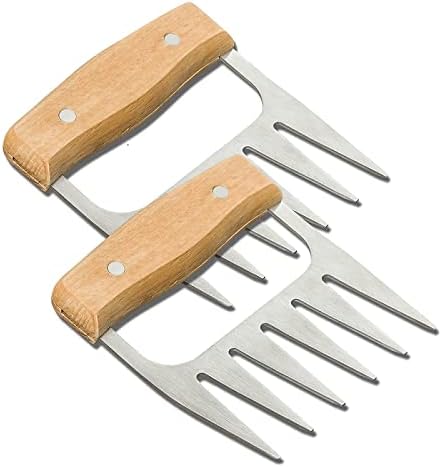 Metal Meat Claws Bear Claws Wooden Handle Stainless Steel Meat Forks Kitchen Gadgets for Shredding,Pulling,Turkey,Chicken, Stainless steel Silver