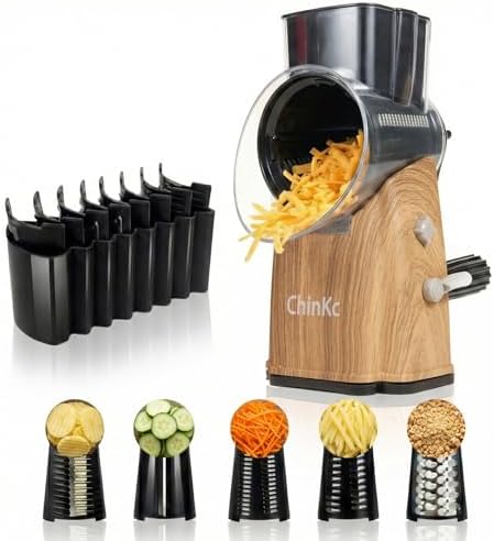 Upgrade Rotary Cheese Grater Shredder with Handle, Strong Suction Base, Multi-purpose Rotary Grater Slicer with 5 Interchangeable Blades for Ice, Vegetables, Fruit, Nuts with Blade Storage Box