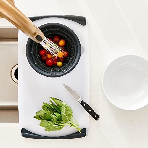 Dexas Over the Sink Poly Cutting Board with Collapsible Colander Strainer, 11.5 x 20", Natural/Gray