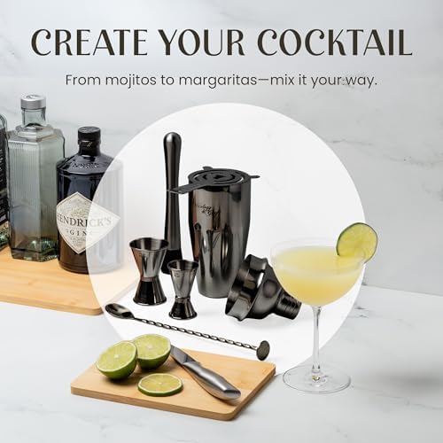 Mixology & Craft Rustic Cocktail Shaker Set – Includes Wood Stand, Complete Barware Kit with 24 Oz Shaker, Dual Jiggers, Pourers, Muddler, Strainer – Perfect for Home Bartenders (Gun-Metal Black)