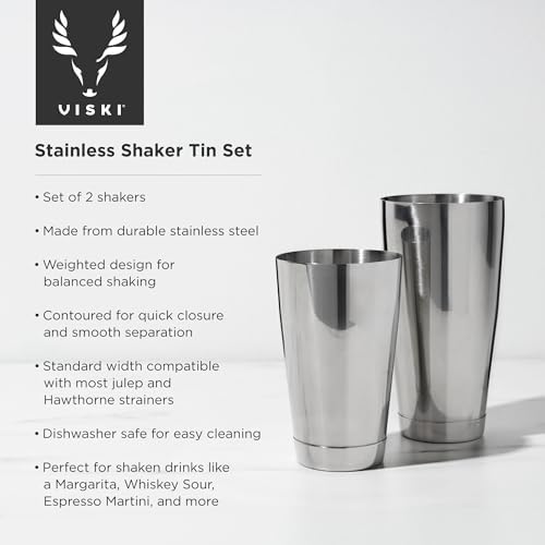 Viski Stainless Steel Shaker Tins for Cold Brew Cocktails, Margarita, Whiskey Sour, Espresso Martini Shaker, Home Bar Accessories, Bartending Tools, Bartender Gifts, 28 oz & 18 oz, Set of 2