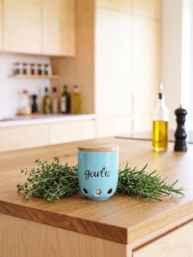 Ceramic Garlic Keeper for Counter with Wood Lid (Turquoise)