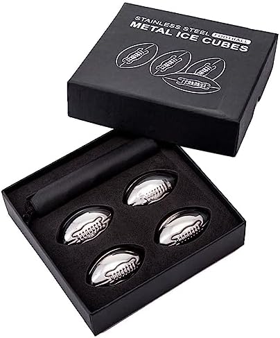 Joyeee Whiskey Stones Footballs Set with Storage Bag, 4 PCS Reusable Ice Cubes, Stainless Steel Whisky Rocks, Christmas Valentine's Day Gift Stocking Stuffers for Men Dad Husband Him Wine Lovers