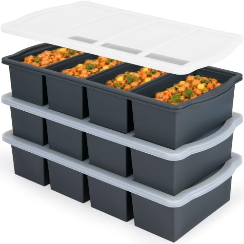 ZIP STANDING Silicone Freezer Trays with Lid,1-cup Soup Freezer Container large Ice Cube Molds with Reinforced Steel Ring Top for freezing Soup Sauce Broth Leftovers oven Dishwasher -Safe(3-Pack)