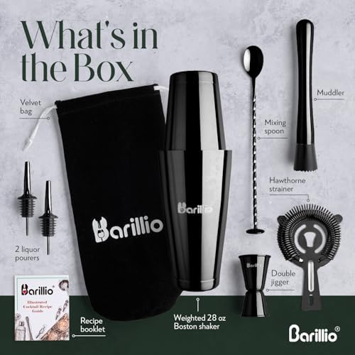 Barillio Black Boston Shaker Set - Stainless-Steel, Weighted Martini Cocktail Shaker Set w/Strainer & Mixer - Mixology Bartender Kit - Bar Set for the Home - 9-pc Drink Set - Bar Tools