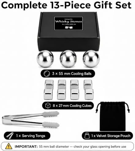 13-Piece Stainless Steel Whiskey Stones Set, 3 Cooling Balls and 8 Cooling Cubes with Tongs and Velvet Pouch (Black Gift Box)