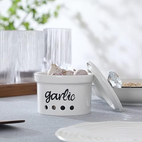 Garlic Keeper with Crystal Lid, 12.5 oz Ceramic Garlic Saver Container for Countertop, Farmhouse Kitchen Decor (Silver)