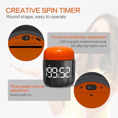 Table Twist Timer, Large LED Display Stopwatch, Silent & Loud Alarm, 199 Minute Countdown & Up, Vintage Night Light, for Kitchen Cooking Meeting Teacher Classroom Office Yoga Fitness Games (Orange)