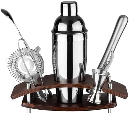Mixology Bartender Kit Cocktail Shaker Set: 9-Piece, Bar Tools with Rotating Stand, Bar Set with All Essential Accessory Tools: Martini Shaker, Jigger, Strainer, Mixer Spoon, Muddler Ect, (Silver)