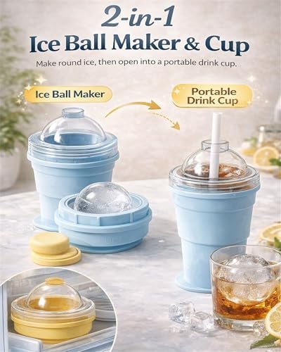Collapsible Ice Ball Maker Cup, 2-in-1 Silicone Folding Ice Cube Cup Tray Portable Leakproof Travel Tumbler with Lid & Straw, Reusable Sphere Mold for Whiskey, Bourbon, Coffee, Summer Drinks