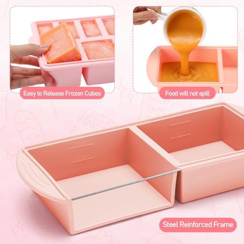 4 Pack Silicone Freezer Trays with Lid, 1/5, 1/2, 1, and 2 Cup Soup Freezer Molds Set Stainless Steel Frame Ice Cube Tray for Meal Prep Freezing Soup Stews Sauces Oven Microwave Safe(Pink)