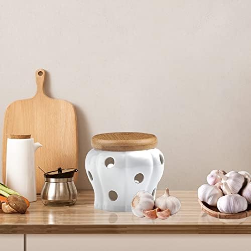 MEKBOK Garlic Keeper,Garlic Keeper for Counter,White Ventilated Garlic Container,Ceramic Garlic Storage Container with Bamboo Lid
