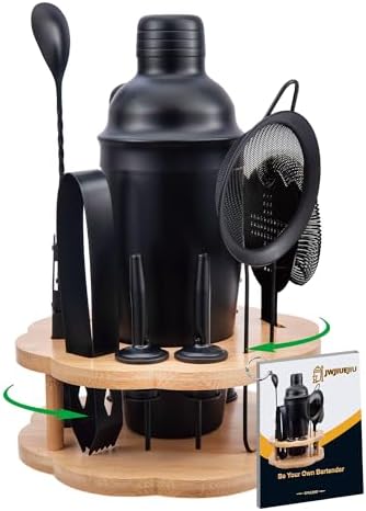 Cocktail Shaker Set Bartender Kit with Rotatble Bamboo Stand,11 Piece Bar Set Stainless Steel Bar Accessories for Drink Mixing, Bar, Home, Party (Frosted Black)
