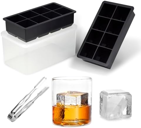 Bangp Large Silicone Ice Cube Tray with Bin and Tongs,2 Pack,Black