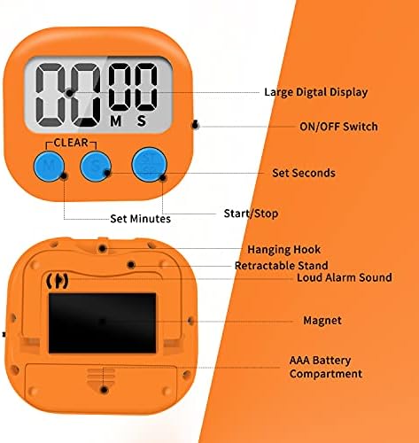 6 Pack Small Digital Kitchen Timer Magnetic Back and ON/Off Switch,Minute Second Count Up Countdown (Orange)
