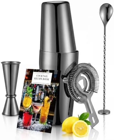 Boston Cocktail Shaker Set, 18 oz & 28 oz 2-Piece Tins, 304 Stainless Steel Bartender Kit 5-Piece Bar Tool Set with Recipe Book, Perfect for Novices & Pros, Home and Bar Use (Black)