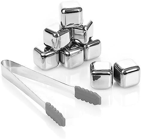 8-Pack Whiskey Metal Ice Cubes, Stainless Steel Ice Cubes, Reusable Whiskey Stones for Scotch and Bourbon, Barware Tool Set With Ice Tongs, Freezer Storage Tray and Disposable Ice Cube Bags