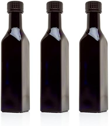 Infinity Jars Black Ultraviolet Square Glass Oil Bottle 250Ml (8.5 Fl oz) w/Plastic Pour Spout, Airtight Round Refill Vinegar Cruet Cooking Oil Dispenser Bottle, Olive Oil Bottle for Kitchen 3-Pack