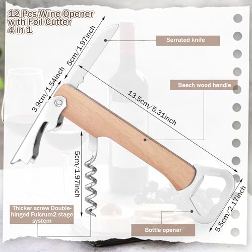 12pcs Wood Wine Bottle Opener 4 in 1 Corkscrew Engraving, Khaki