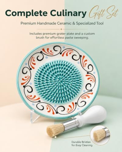 Ceramic Garlic Grater Plate Bowl Dish Spanish Tomato Grater Plate Cheese Crusher Grinder Ginger Grating Plates Tool Herb Stripper Handmade Pottery Grader Peeler Brush Stand Kitchen Gadget