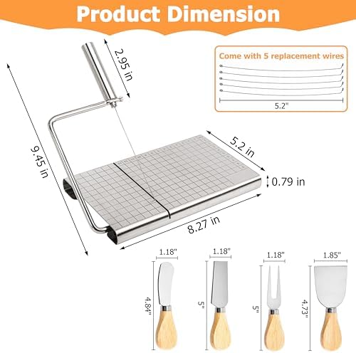 RedCall Cheese Slicer with 4 Piece Cheese Knives Set, Stainless Steel Cheese Cutter with Measuring Grids,Tightness Adjustable Wire Cheese Slicer for Block Cheese, with 5 Extra Wires