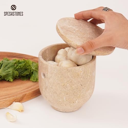 Travertine Garlic Keeper With Lid for Kitchen Counter Decor