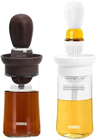 2 Pack Oil Dispenser with Brush - 2 IN 1 180ml Glass Olive Oil Dispenser Bottle with Basting Brush for Cooking Frying Kitchen, T-OB21S, Brown+White