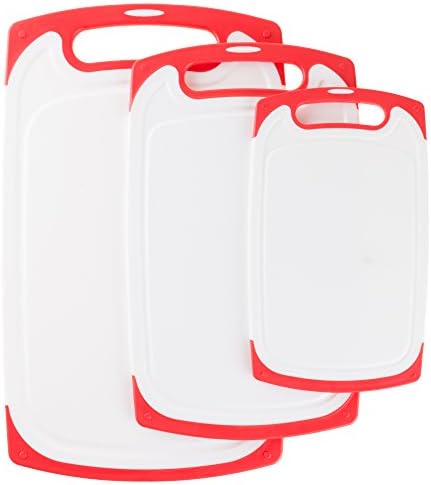 Cutting Board Set- 3 Piece Plastic Kitchen Chopping Boards for Cooking Food Prep with Juice Groove by Classic Cuisine (Red)