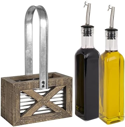 Autumn Alley Rustic Farmhouse Oil and Vinegar Dispenser Set - Oil and Vinegar Caddy Holder Set of Weathered Wood, Galvanized Metal - Adorable Rustic Kitchen Decor -250ml 8 oz