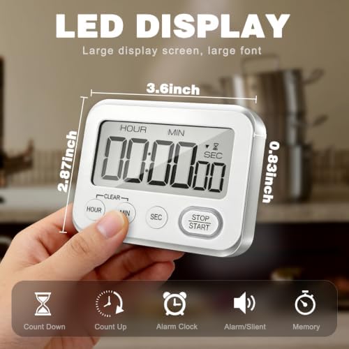 Digital Kitchen Timer Magnetic Loud Alarm, Large LCD Screen Silent/Beeping Multi-Function for Teachers Classroom Kids, Silver