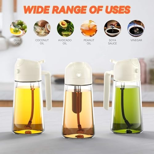 JAZZER Oil Dispenser Bottle - 2 in 1 Olive Oil Dispenser & Sprayer - 16oz/470ml - Kitchen, Cooking, Air Fryer, Salad, BBQ (with 2 Brushes) (White)