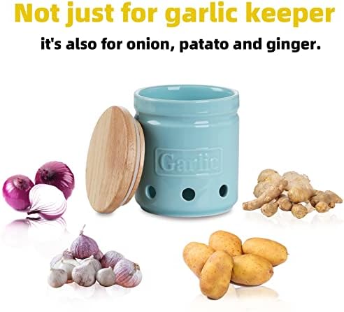ONTUBE Garlic Keeper with Wooden Lid, 4.5-Inch Ceramic Garlic Holder 24oz (Turquoise)