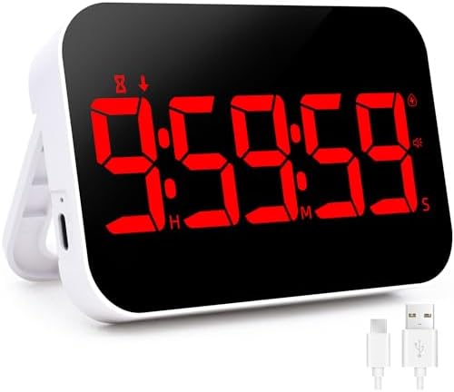 Kitchen Digital RED Timer, Count Down Up, Rechargeable, Vibration Mode Adjustable Volume and Brightness LED Display, Time Management Cook, Desk