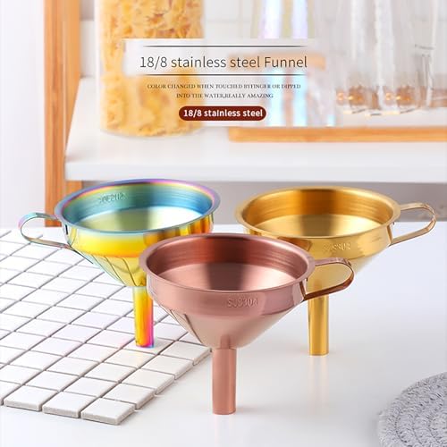 DOCBLACK Stainless Steel Funnel Set of 2, Stainless Steel Funnel with Removable Strainer and Handle, Food Grade Metal Kitchen Funnel for Fluid, Liquid, Oil, Powder Filling Bottles (Silver & Gold)