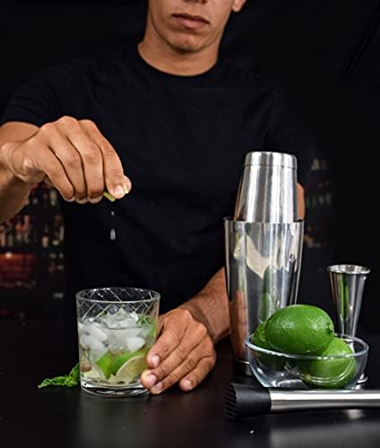 Boston Shaker Set for Cocktails with 28oz and 18oz Weighted Tins, Professional Muddler and Jigger - Stainless Steel Bar Tools (4pc set)