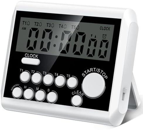 XREXS 5 Channels Digital Kitchen Timer, Clock Mode with Large LCD Display, Cooking Timer, Loud Volume Alarm and Flashing Light with Magnetic Back, Stand, Battery Included