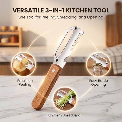 Multi-Functional Vegetable Peeler with Julienne Slicer & Bottle Opener, Stainless Steel Blade & Wooden Handle, Ergonomic Kitchen Tool for Peeling, Slicing & Shredding Fruits & Veggies (Style-B, 1PC)