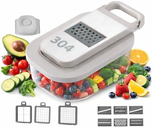 All-in-One Food Chopper & Mandoline Slicer, 9-in-1 Vegetable Chopper with Interchangeable Stainless Steel Blades, BPA-Free Manual Onion Dicer, Julienne & Grater with Container