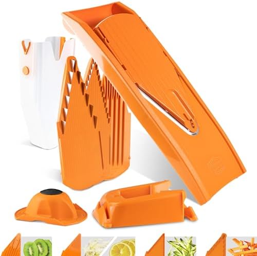 Mandoline Food Slicer Börner V1 (Profi Set) by Reston Lloyd • V-Slicer with 4 Inserts, Docking Station & Food Holder • Made in Germany • Fruit & Vegetable Chopper • Multiple Settings • Color: Orange