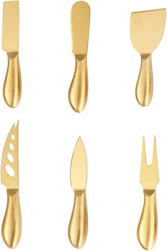 Golden Cheese Knife Set 6 Piece, Stainless Steel Cheese Cutter, Cheese Spreader knife with Ergonomic Handle, Cheese Shaver and Fork for Holiday, Birthday, Wedding, Party