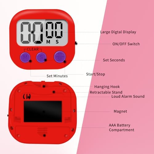 6 Pack Small Digital Kitchen Timer Magnetic Back and ON/Off Switch,Minute Second Count Up Countdown (Red)