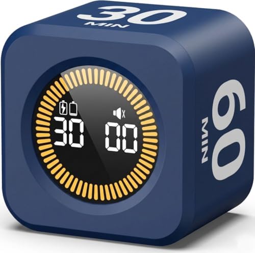 KADAMS Pomodoro Timer – Visual Cube with 5/10/30/60 Min Presets, LED Countdown Ring & Count Up Mode, Silent Flip Productivity Timer for Study, Classroom, Office, Cooking (Navy Blue 5-10-30-60)