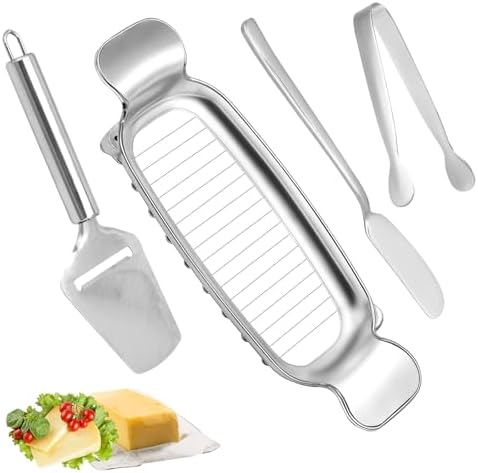 4pcs Stainless Steel Cheese Cutter Set, Includes Wire Butter Slicer Butter Spreader Cheese Plane and Tongs Practical Kitchen Tools for Home Kitchen Baking Breakfast